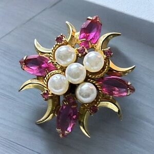 Vintage Gold Tone Crescent Moon  Pink Rhinestone Brooch